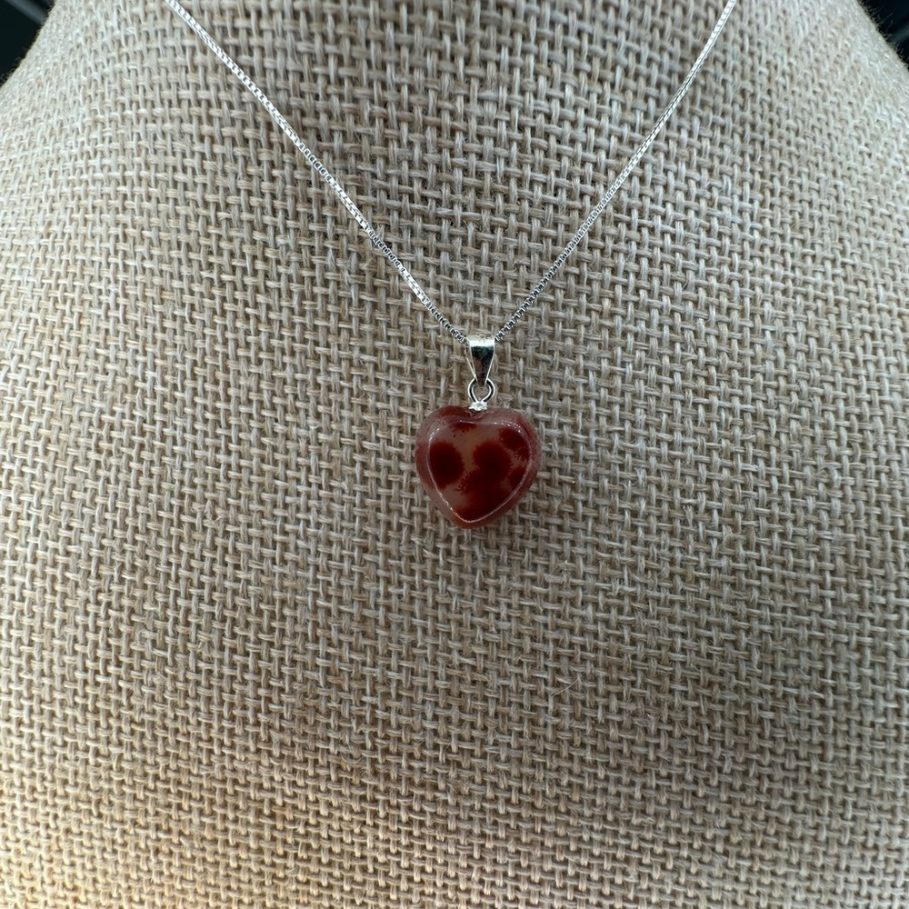 Heart-Shaped Cinnabar in Agate Pendant Necklace on Sterling Silver Bail & Chain - Picture 2 of 12